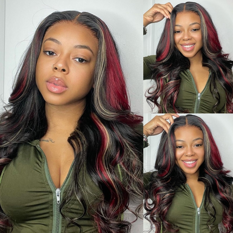  Pre-Bleached Pre Cut Lace Wig Black With Blonde Red Streaks Multi Color Highlight Loose Wave 7x5 ByeBye Knots Wigs