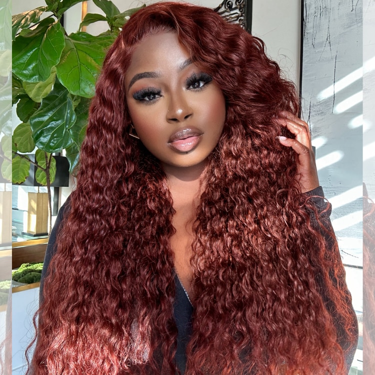  ByeBye Knots Wig 7x5 Pre Cut Lace and Pre-Bleached Knots Reddish Brown Water Wave Glulelss Lace Wig
