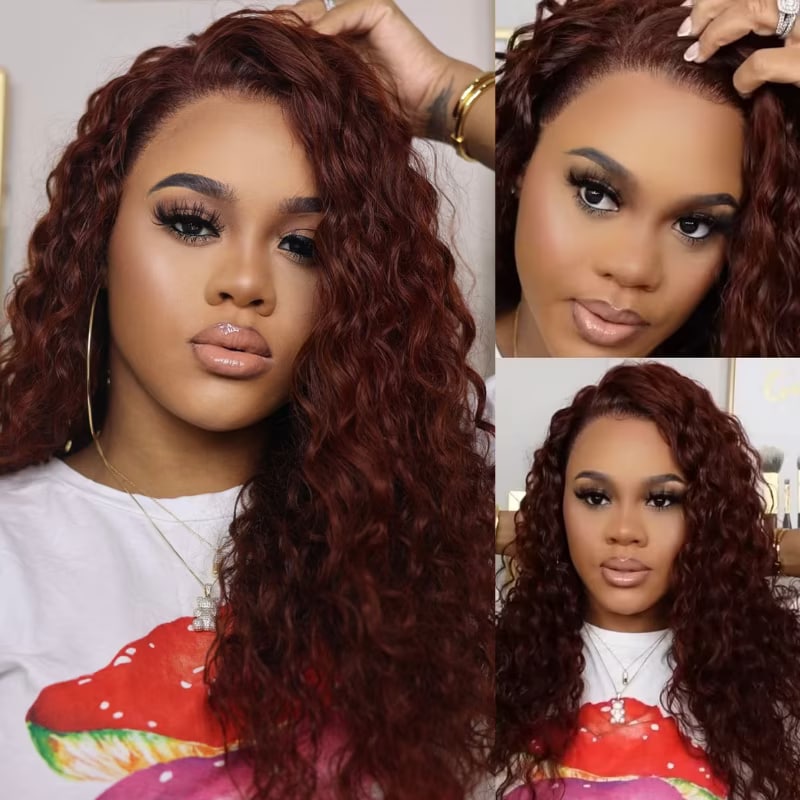  ByeBye Knots Wig 7x5 Pre Cut Lace and Pre-Bleached Knots Reddish Brown Water Wave Glulelss Lace Wig
