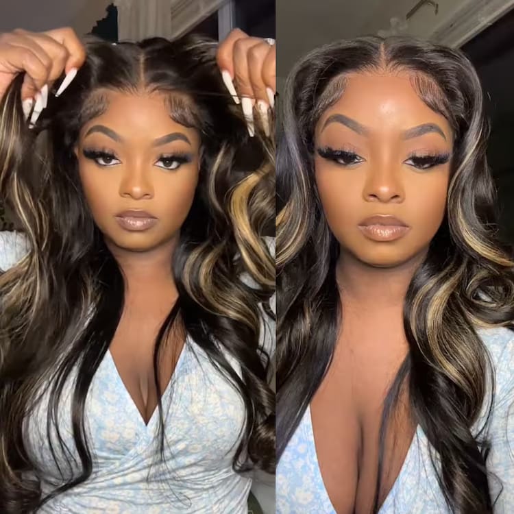  ByeBye Knots Pre-Everything Frontal Wig Blonde Highlight Balayage Black 3D Body Wave Wigs with Pre-Bleached Knots