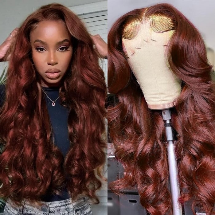 Beautyforever 33B Reddish Brown Color 13x4 Transparent Lace Frontal Wigs Body Wave Dark Auburn Human Hair Wigs