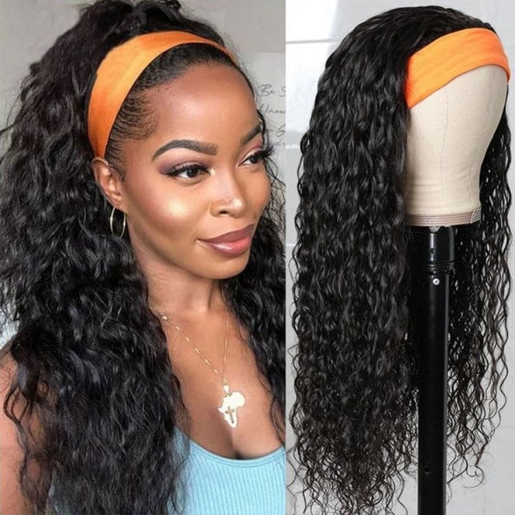 Flash sale Headband Wig Water Wave and Jerry Curly Glueless Human Hair Wigs With Pre-attached Scarf Natural Color 200% Density