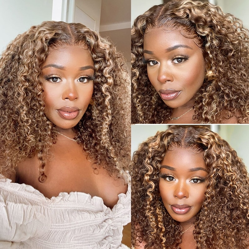 Beautyforever Glueless Honey Blonde Highlight Wigs Lace Frontal and Pre Cut Lace 412# Color Jerry Curly Human Hair Wigs