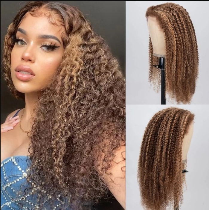 Brown Piano Highlight Kinky Curly 13x4 Lace Frontal Wigs Pre-Plucked and Free Parted Human Hair