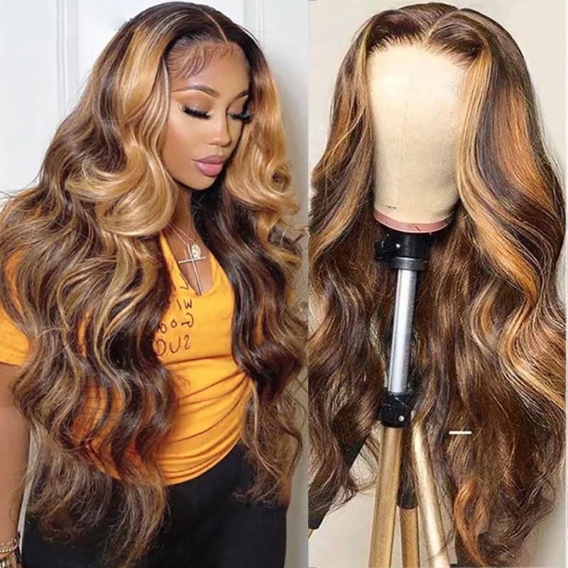 Beautyforever Highlight Blonde Body Wave Glueless Wig Transparent Lace Human Hair Wigs For Women Brown Piano Color