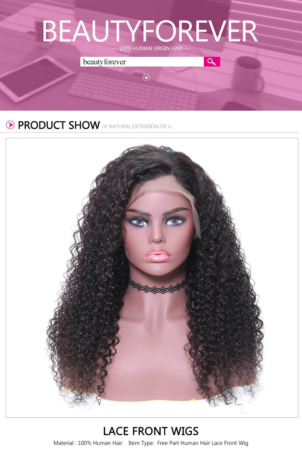 Beautyforever High Quality Long Jerry Curly Human Hair Lace Front Wig Free Part Natural Hairline