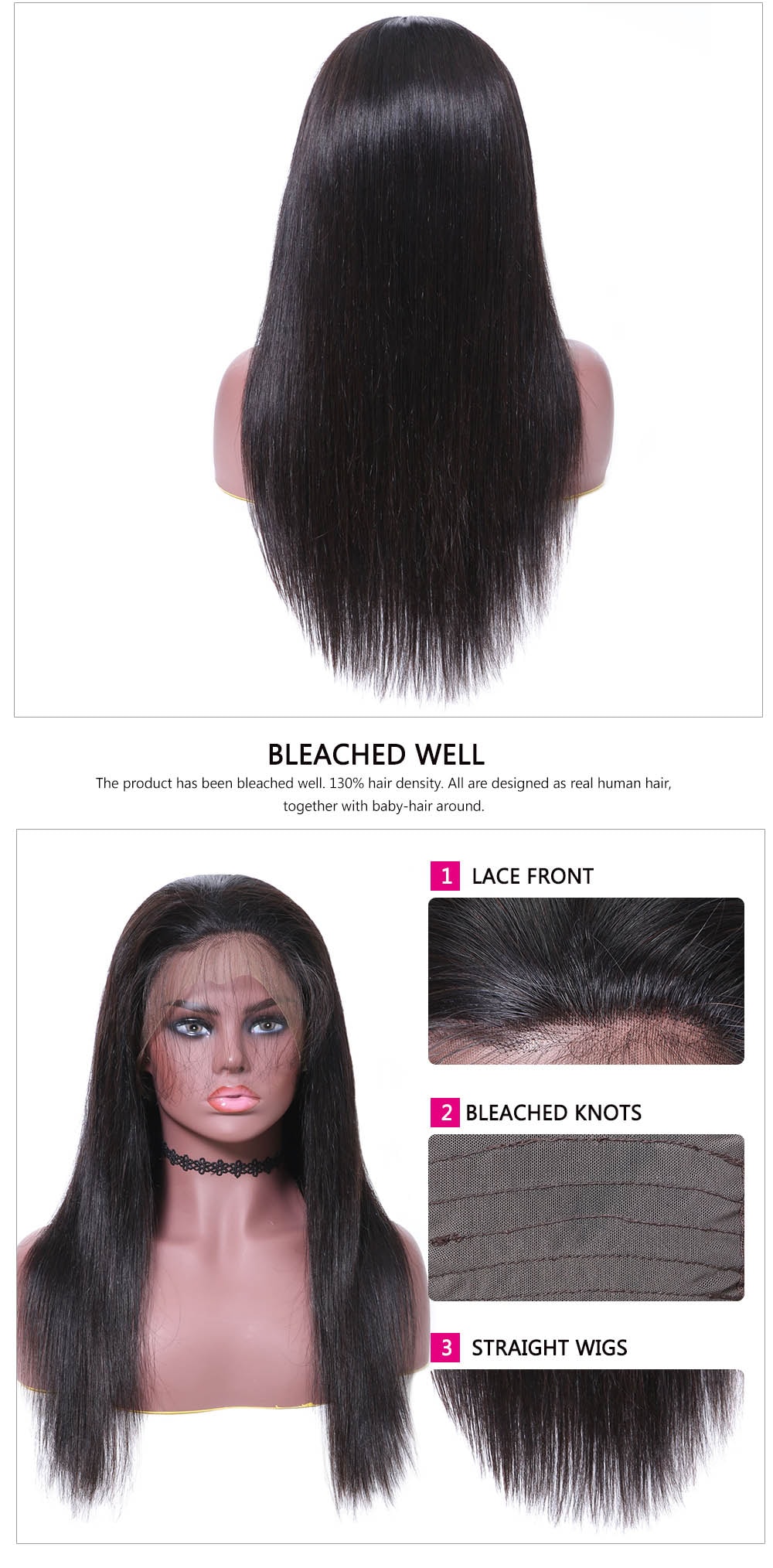 Pre-Plucked Long Straight Virgin Hair Lace Front Wigs With Baby Hair